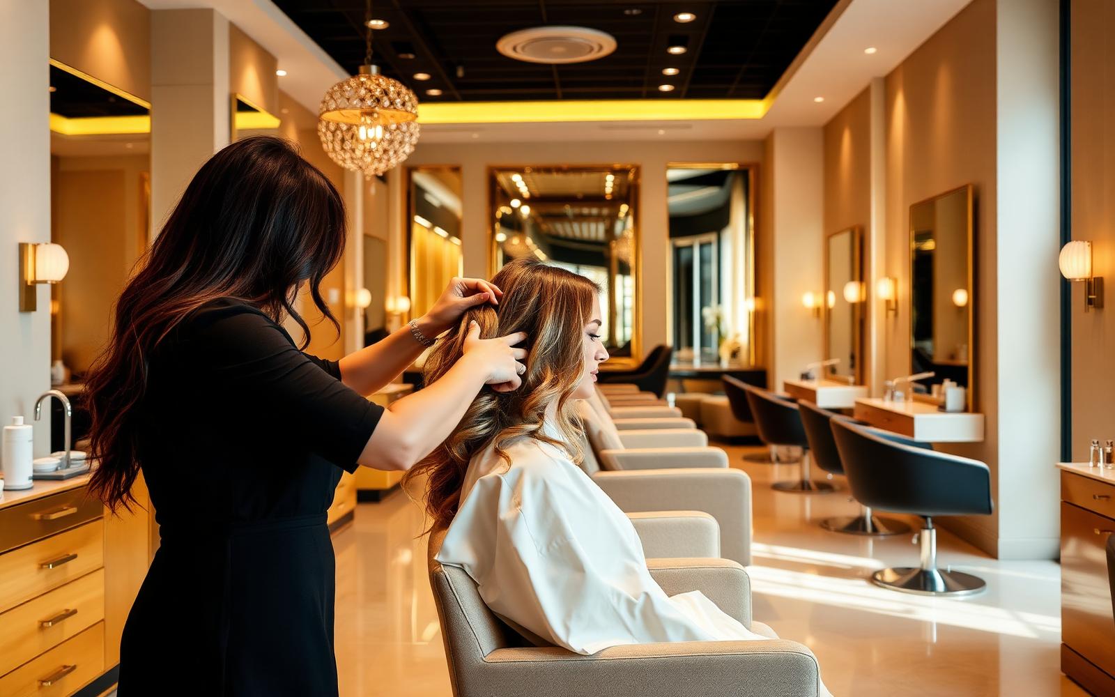 Stylist working with a client in a bright modern Miami salon with warm neutral décor