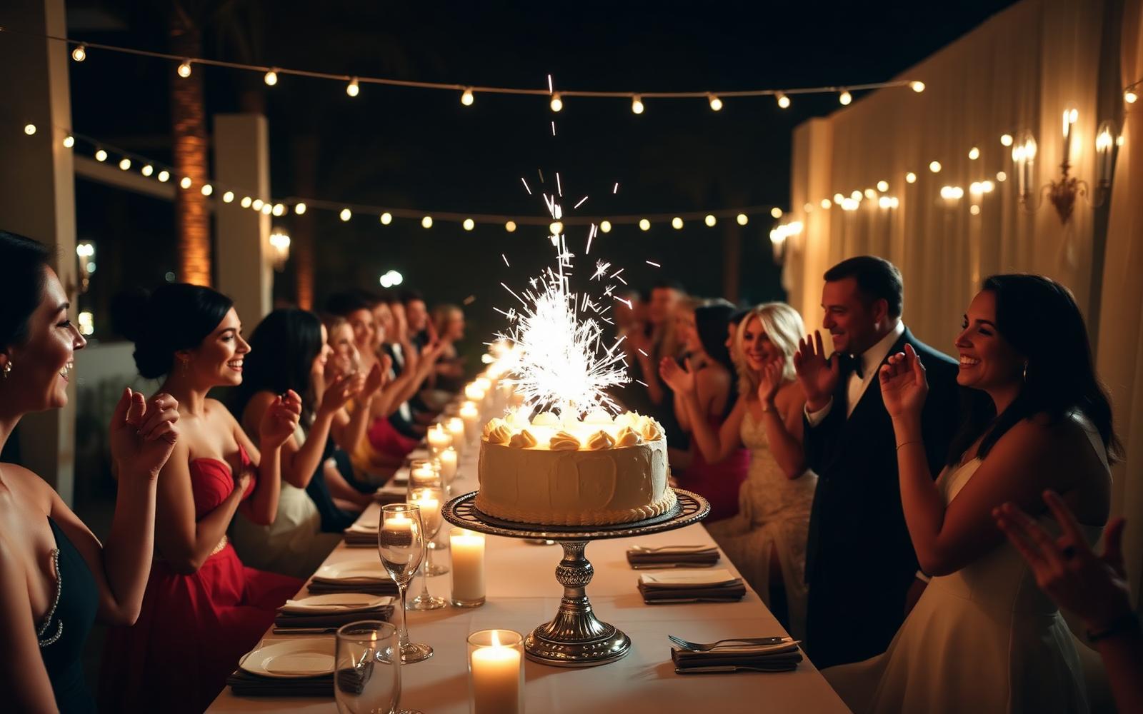 Guests celebrating with sparklers around a birthday cake at a luxury Miami dinner party