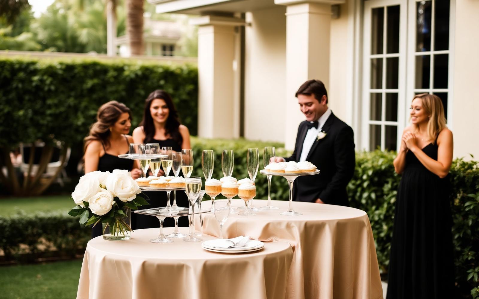 Elegant bridal shower table styled with white florals and champagne in Miami