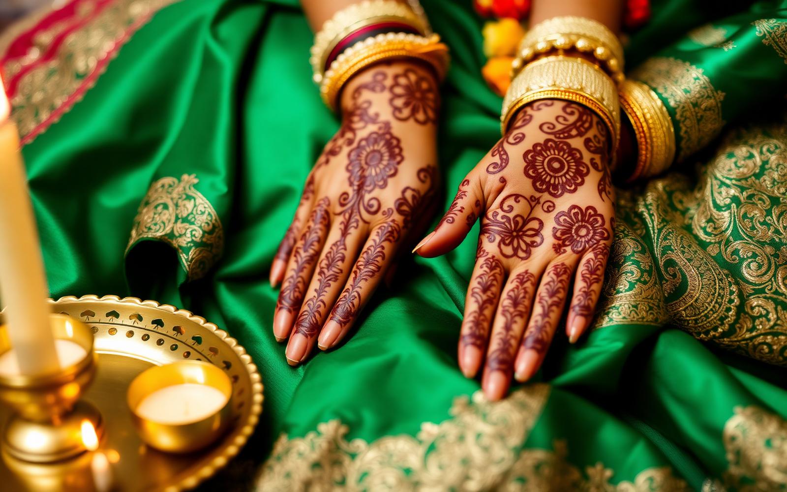 Bride's hands with intricate henna designs beside gold jewellery at a Miami hina celebration