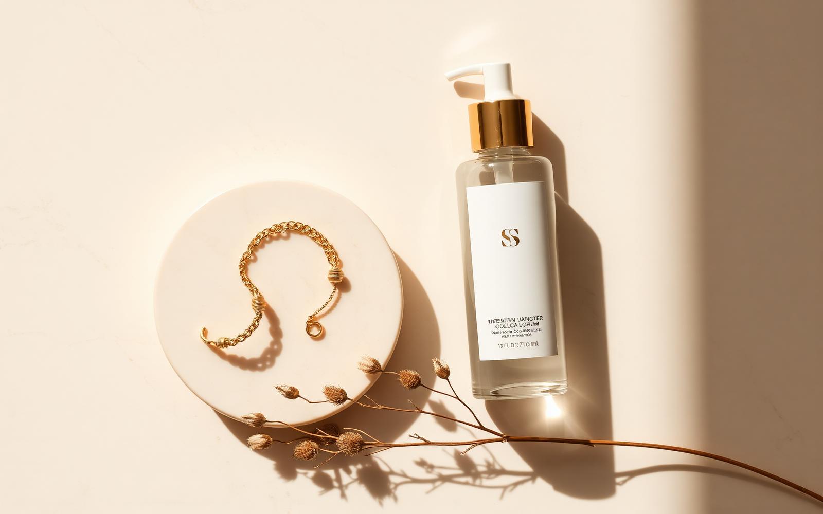 Luxury jewellery and beauty products styled on a marble surface for a Miami brand campaign