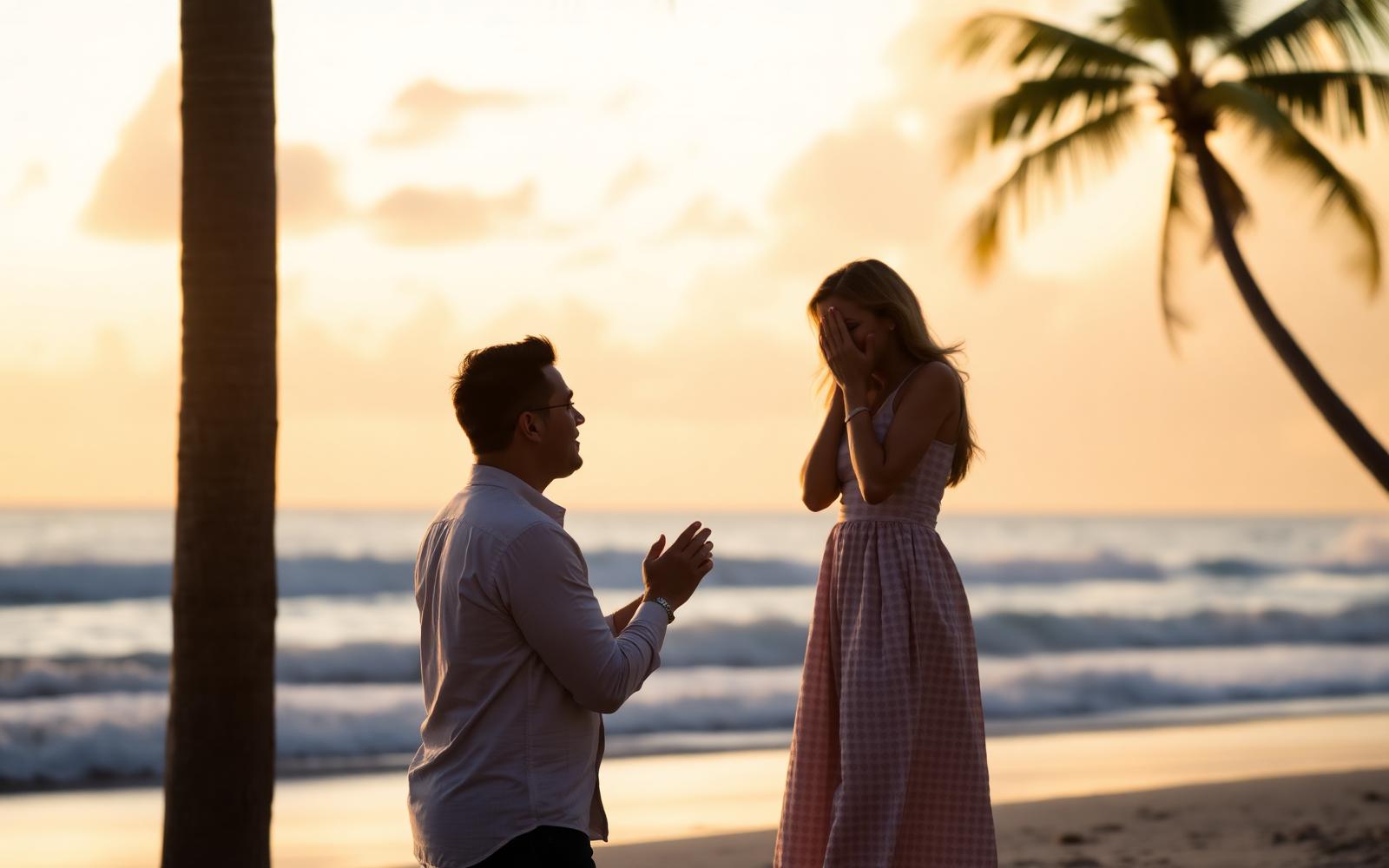 Man proposing on a Miami beach at sunset while a photographer captures the moment discreetly