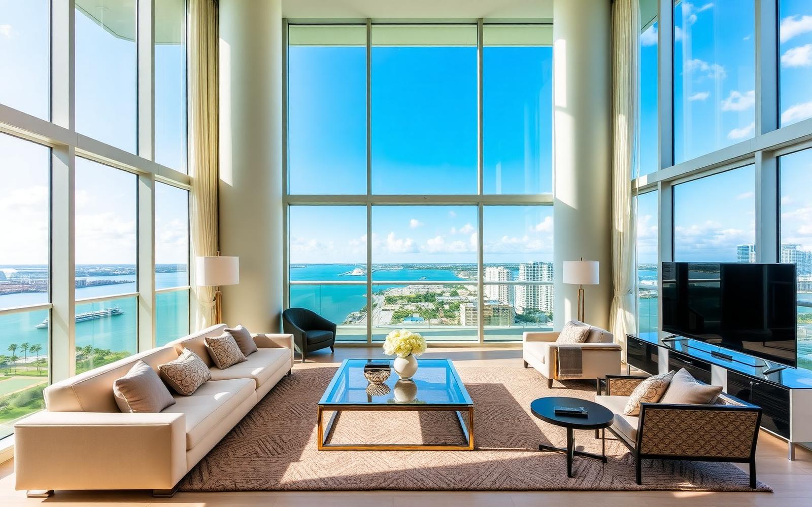 Sunlit luxury Miami condominium living room with floor-to-ceiling windows over the bay