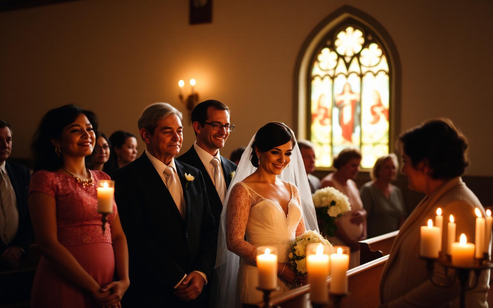 Family gathered for a religious celebration in a candlelit Miami sanctuary