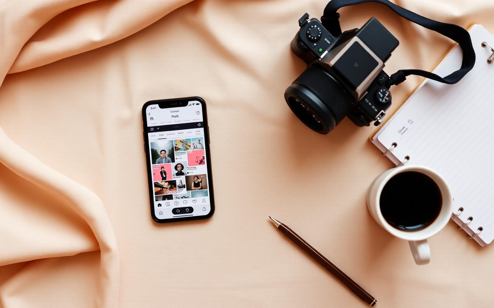 Content creator planning a monthly social media calendar beside a camera in a Miami studio
