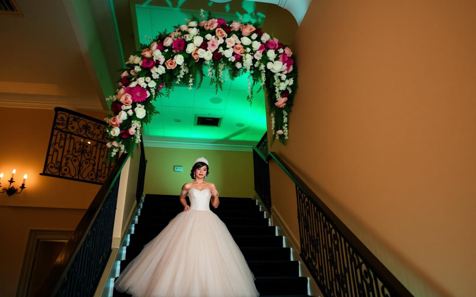 Quinceañera in a ballgown descending a staircase during her Miami celebration entrance