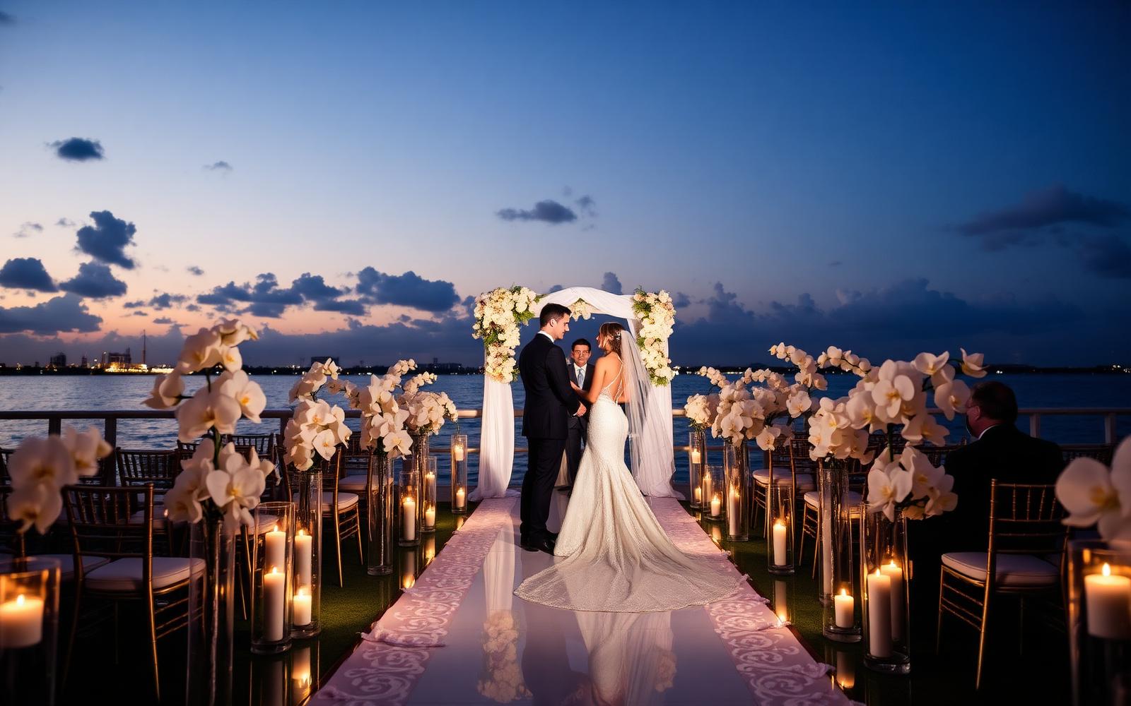 Bride and groom during a candlelit waterfront wedding ceremony in Miami